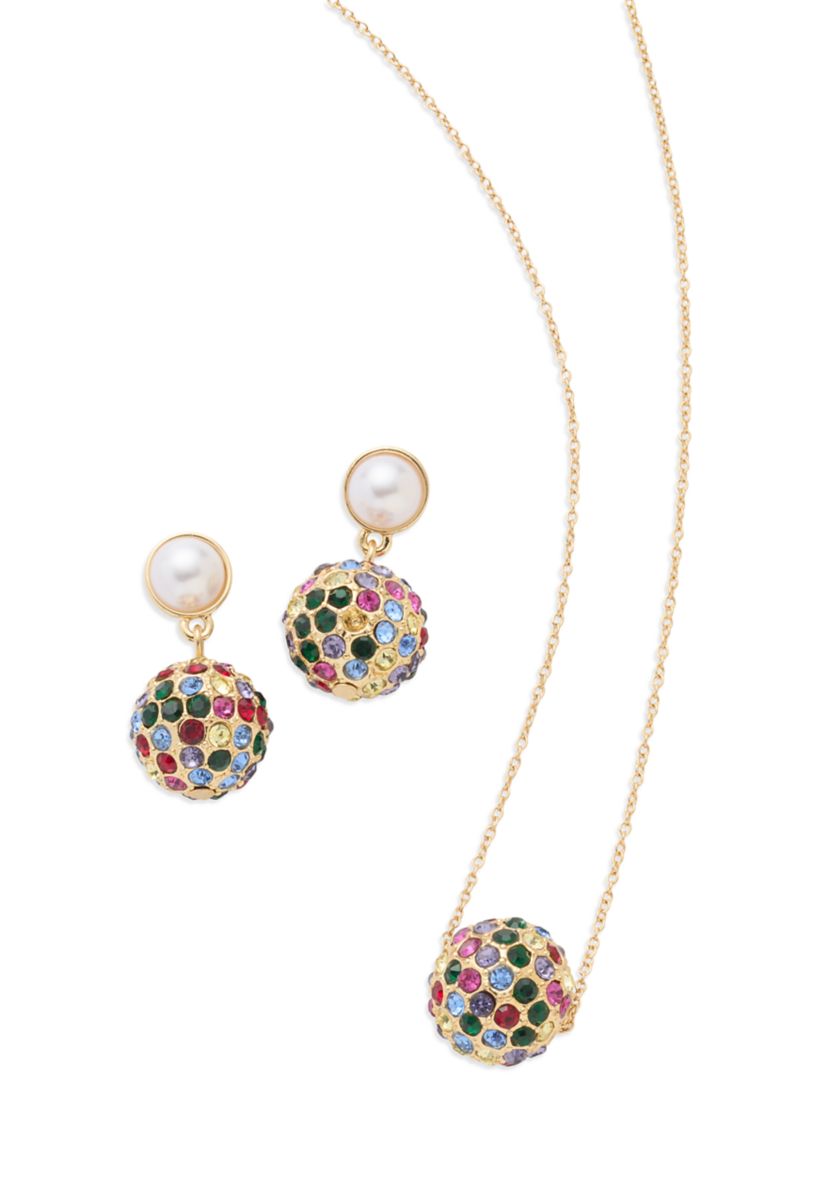 Gold Tone Rainbow Fireball Drop Earrings and Pendant Necklace