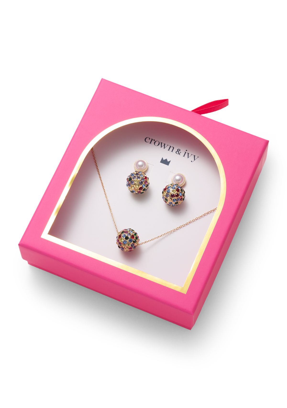 Gold Tone Rainbow Fireball Drop Earrings and Pendant Necklace