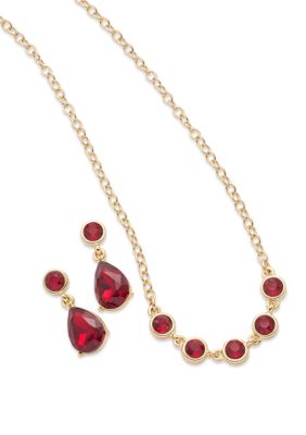 Crown & Ivy Gold Tone Red Stone Drop Earrings and Frontal Necklace Set