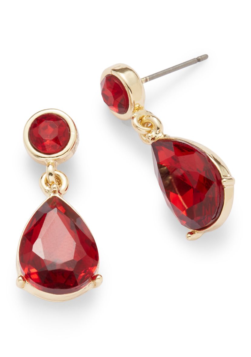 Gold Tone Red Stone Drop Earrings and Frontal Necklace Set