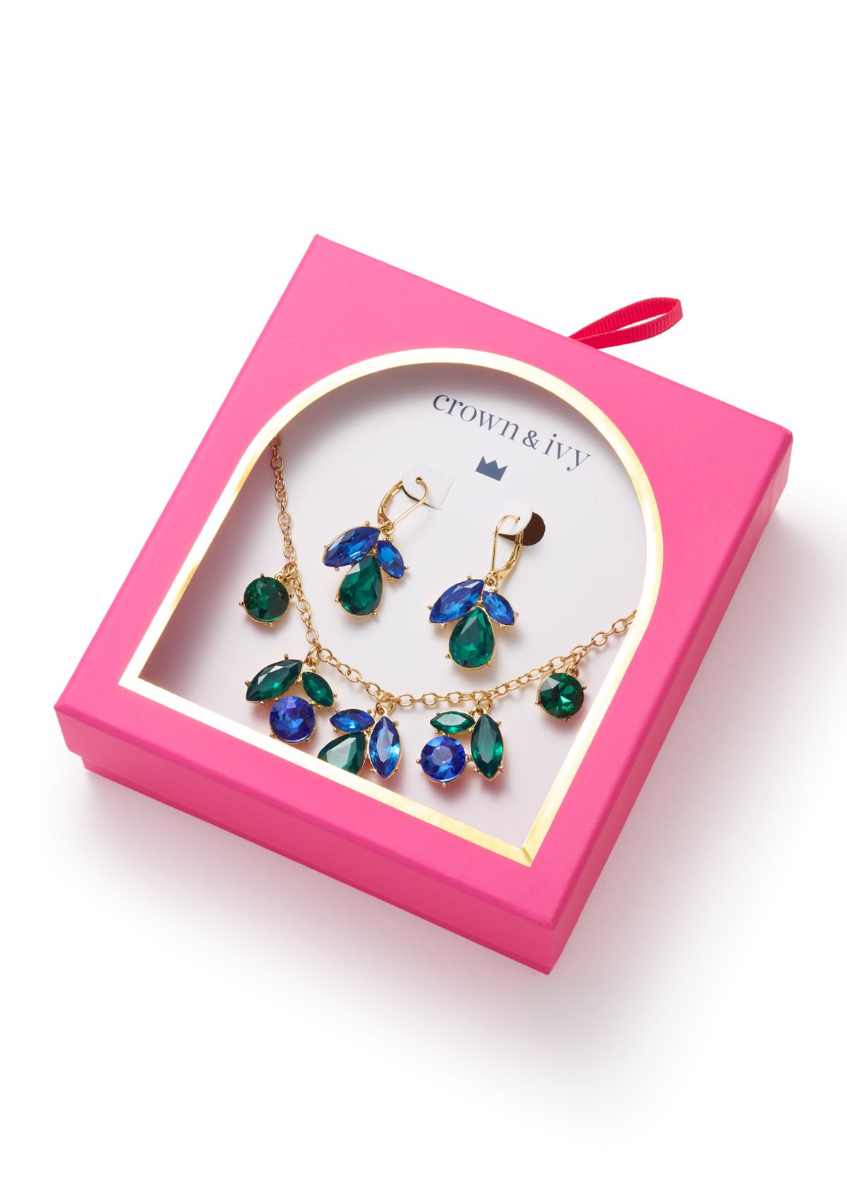 Gold Tone Tri Stone Drop Earrings and Frontal Necklace Set