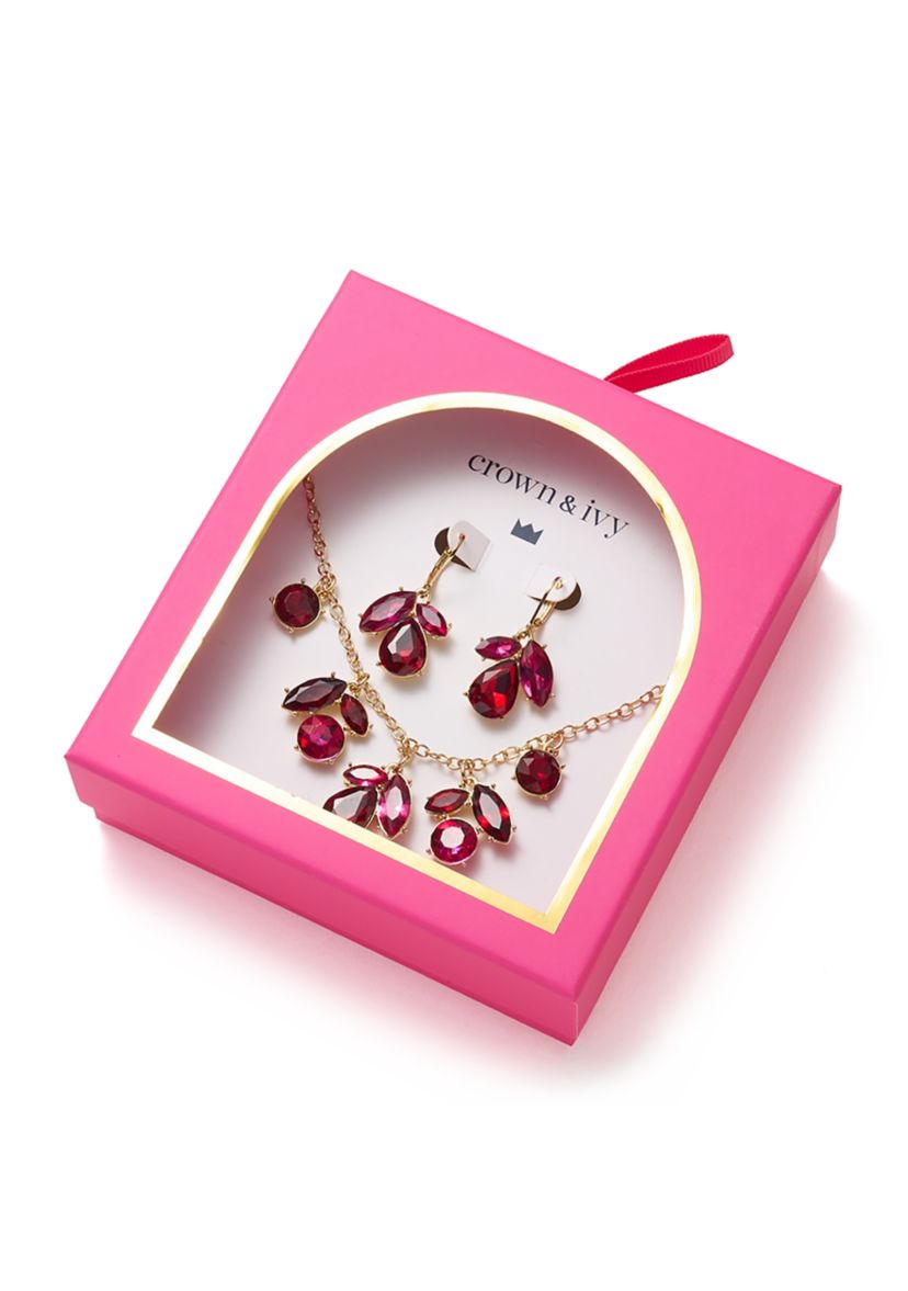 Gold Tone Tri-Stone Drop Earrings and Frontal Necklace Set