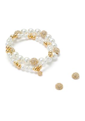 Crown & Ivy Crystal Stud Beaded Pearl Stretch Bracelet Set
