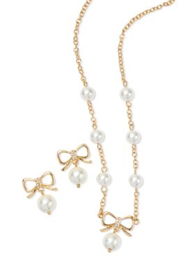 Crown & Ivy Bow Pearl Drop Earrings With Station Necklace Set