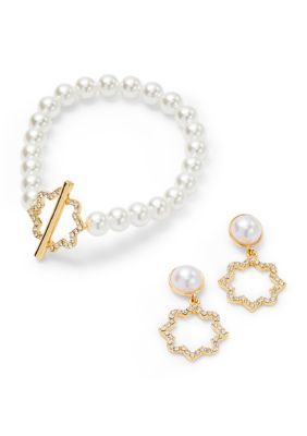 Crown & Ivy Pearl Toggle Stretch Bracelet with Quatrefoil Drop Earrings, White