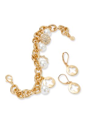 Crown & Ivy Pearl Quatrefoil Charm Bracelet and Drop Earrings Set