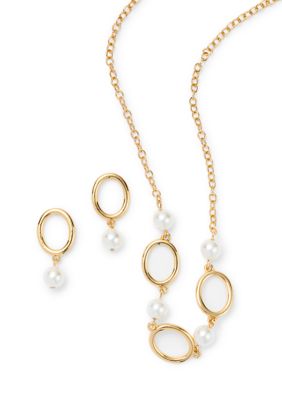 Crown & Ivy Oval Pearl Drop Earrings With Pearl Oval Link Frontal Necklace Set