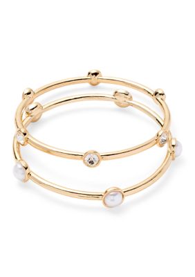 Crown & Ivy Pearl Crystal Lined Bangle Bracelet Set
