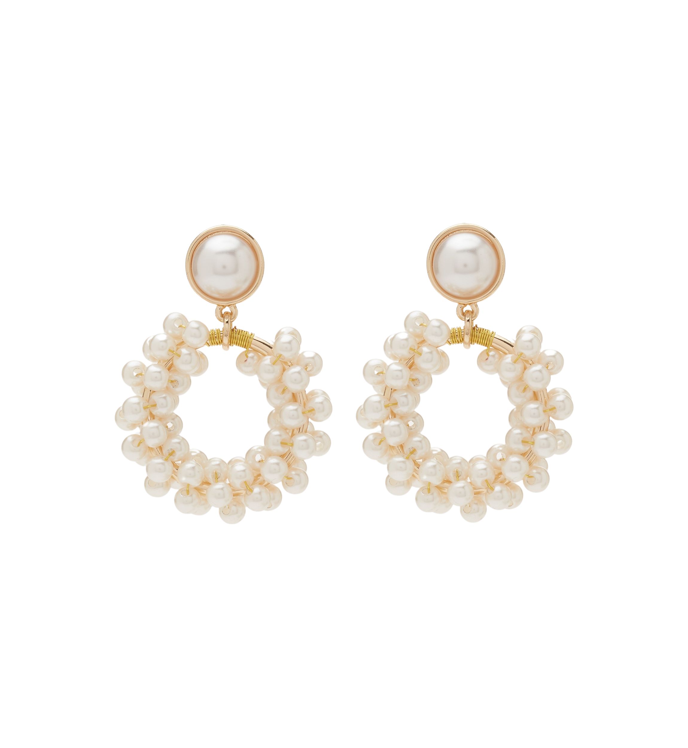 Gold Tone Pearl Cluster Drop Hoop Earrings