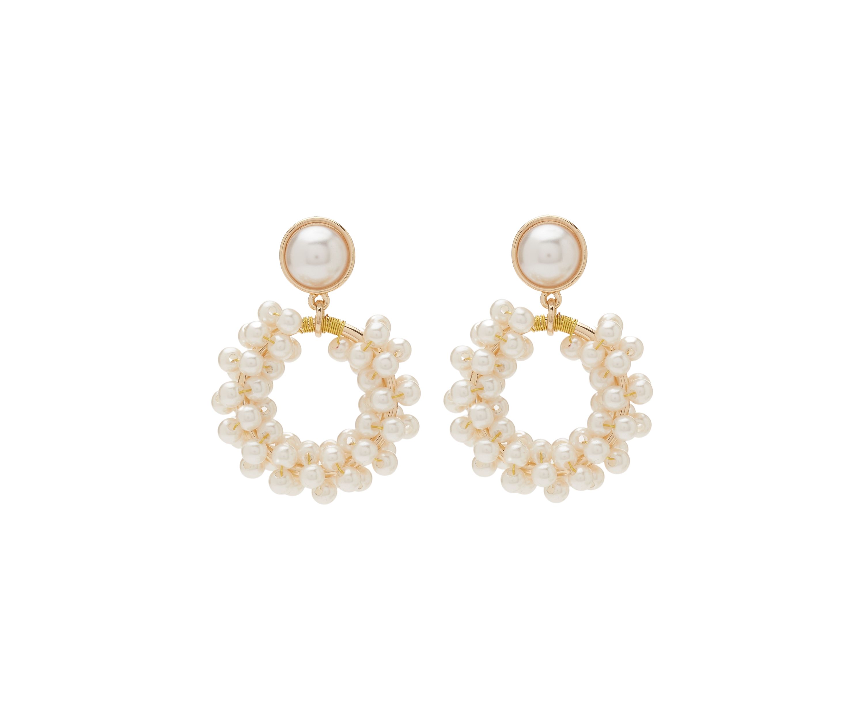 Gold Tone Pearl Cluster Drop Hoop Earrings