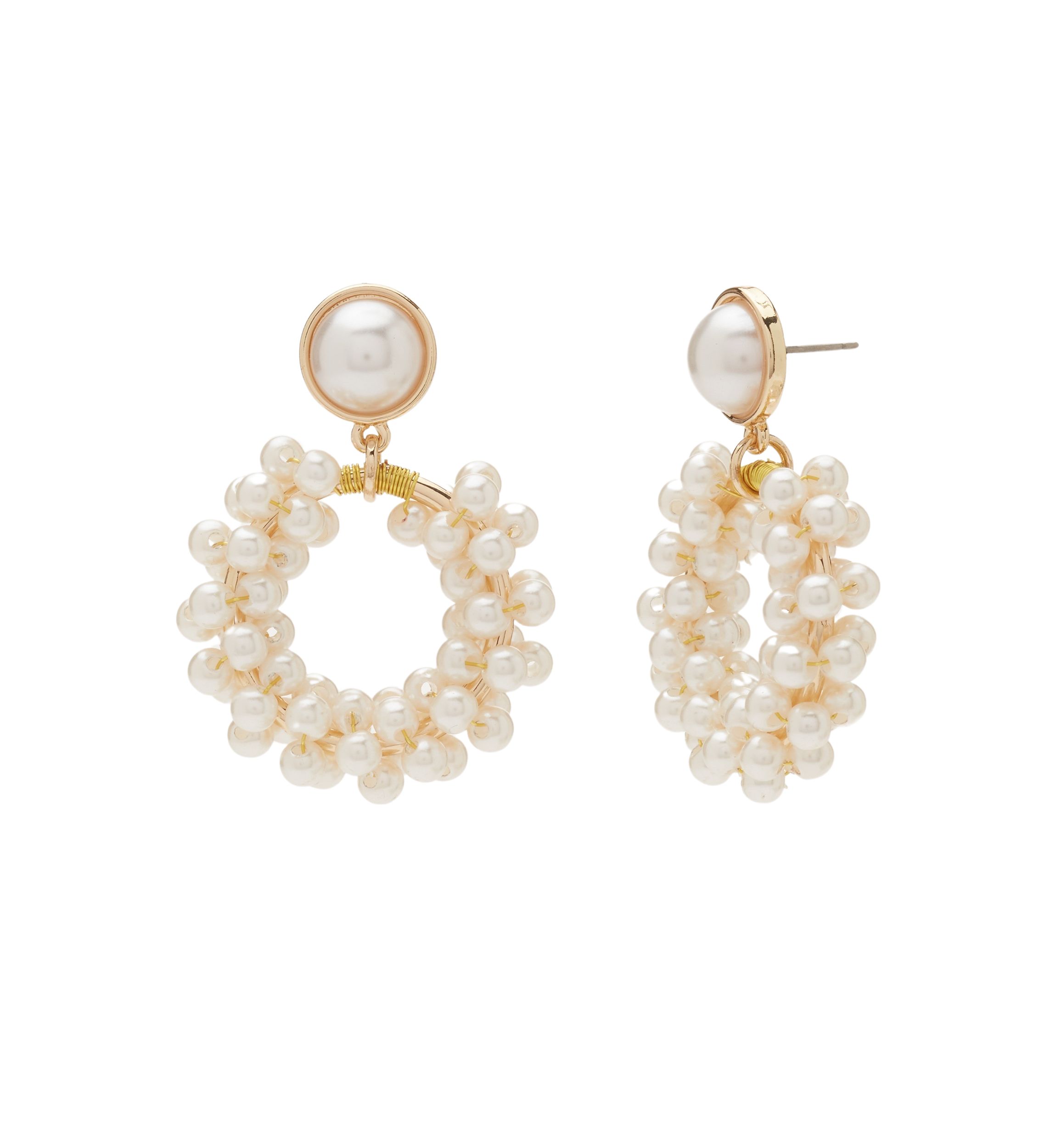 Gold Tone Pearl Cluster Drop Hoop Earrings