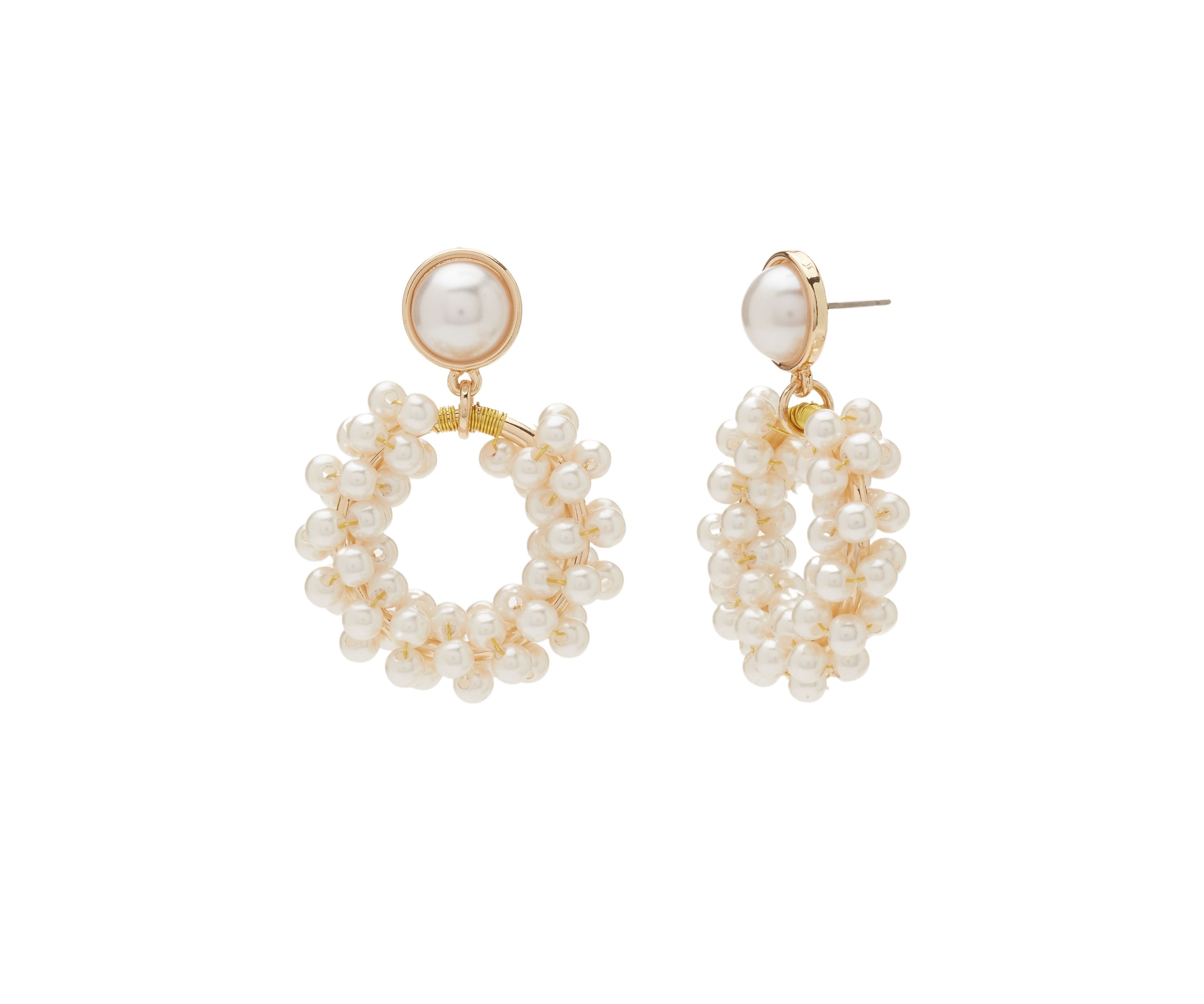 Gold Tone Pearl Cluster Drop Hoop Earrings