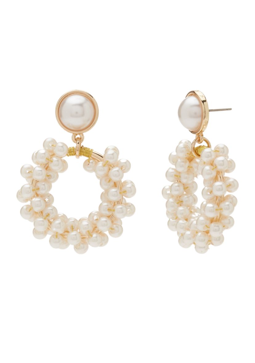Gold Tone Pearl Cluster Drop Hoop Earrings