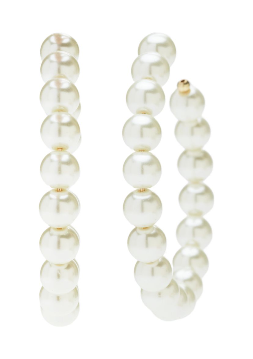 Gold Tone Pearl C Hoop Earrings