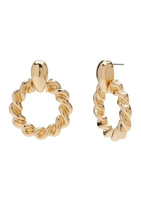 Gold Tone 50 Millimeter Twist Drop Hoop Earrings