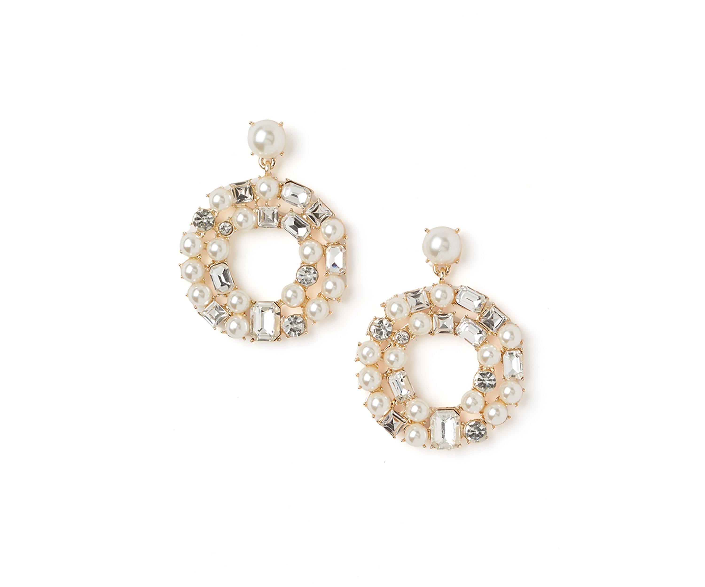 Gold Tone Pearl Crystal Drop Hoop Earrings