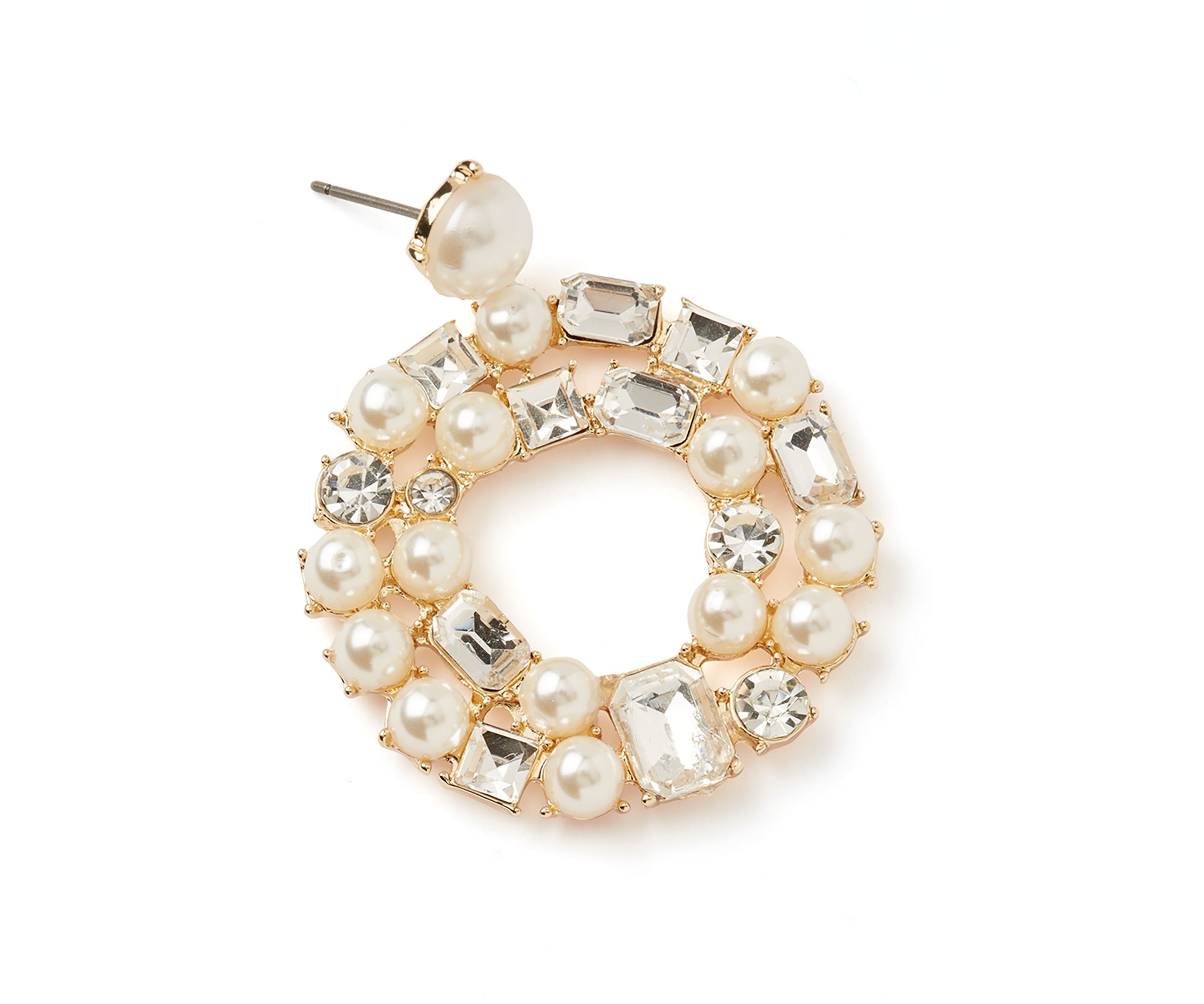 Gold Tone Pearl Crystal Drop Hoop Earrings