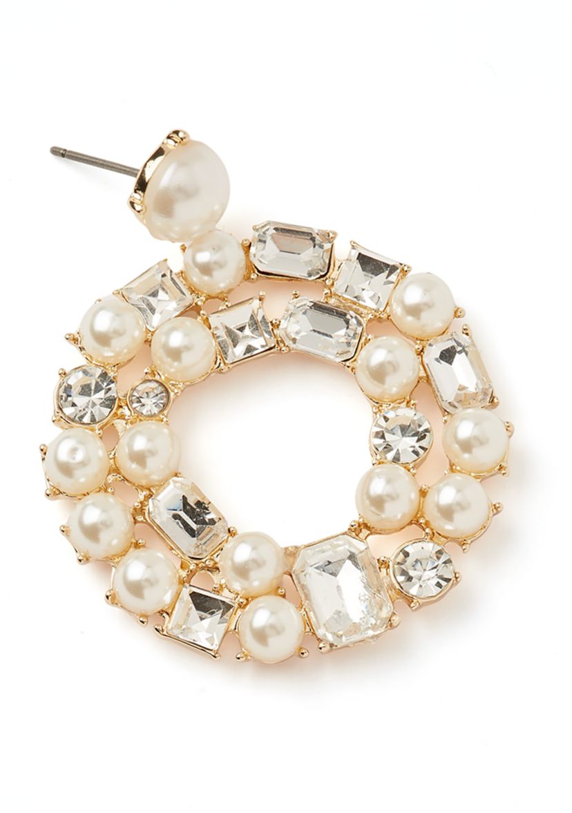 Gold Tone Pearl Crystal Drop Hoop Earrings