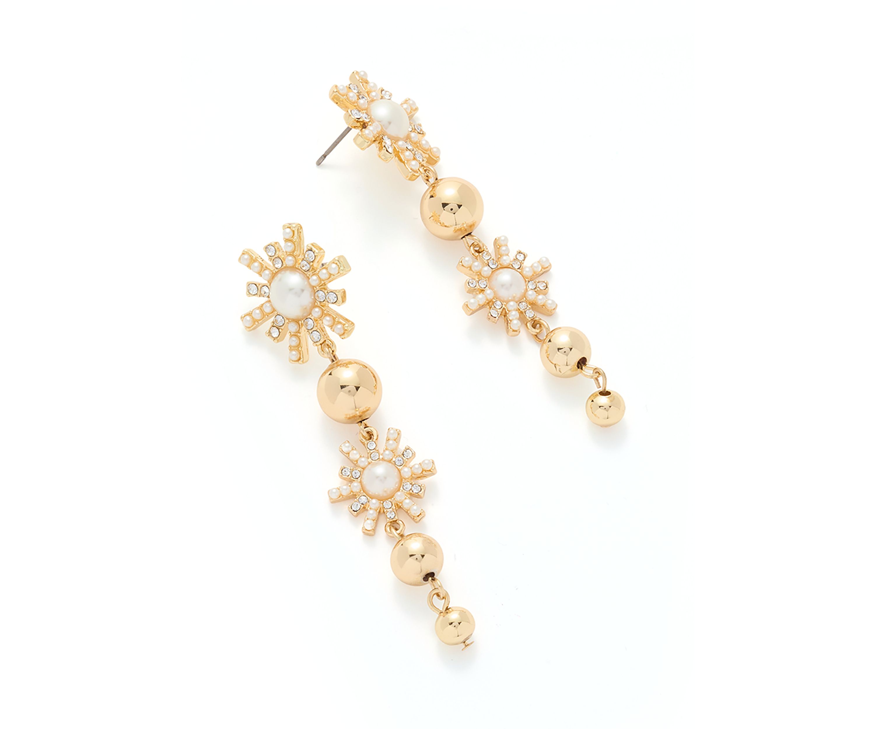 Gold Tone Starburst Pearl Linear Earrings