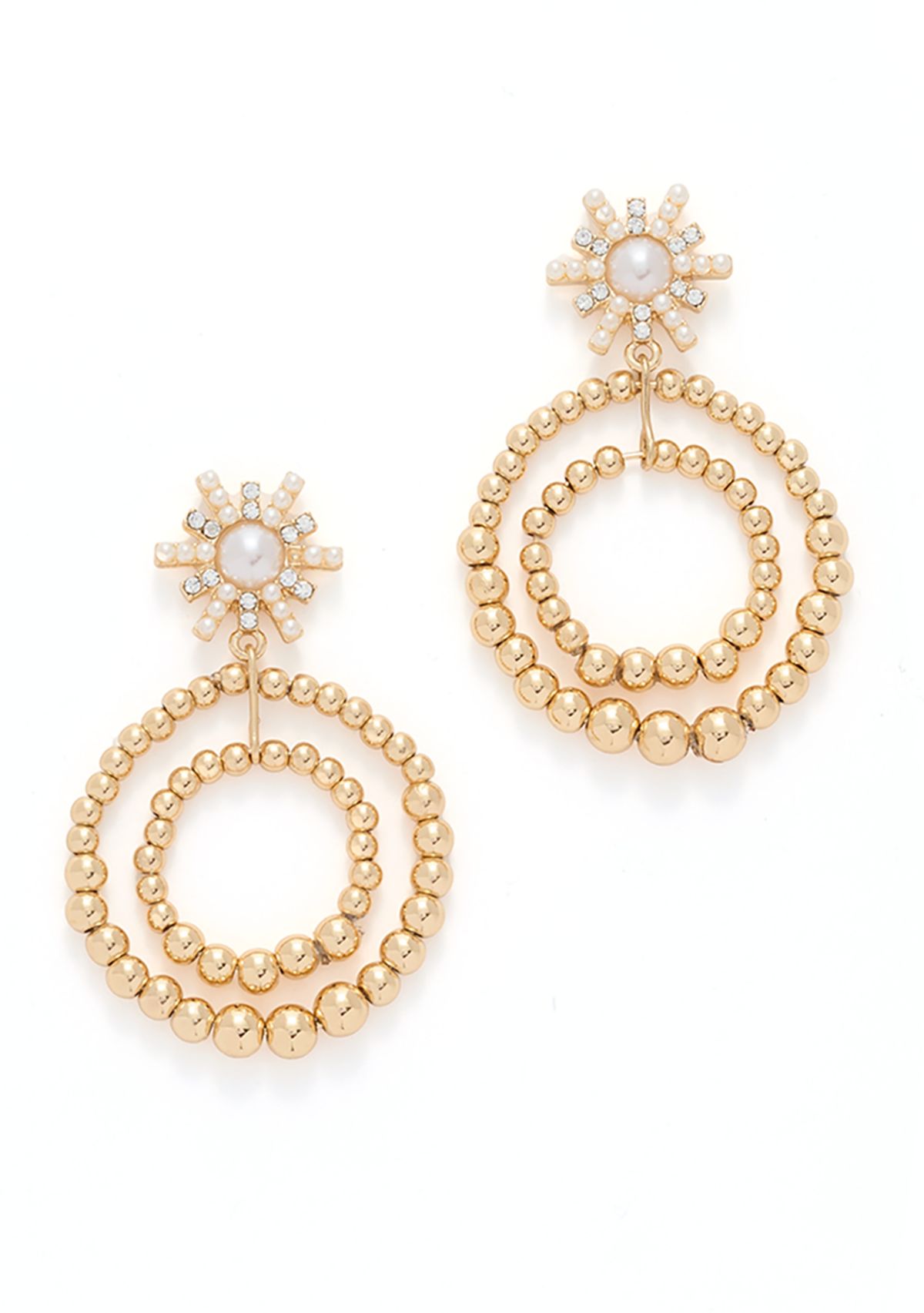 Gold Tone Starburst Pearl Orbital Drop Earrings