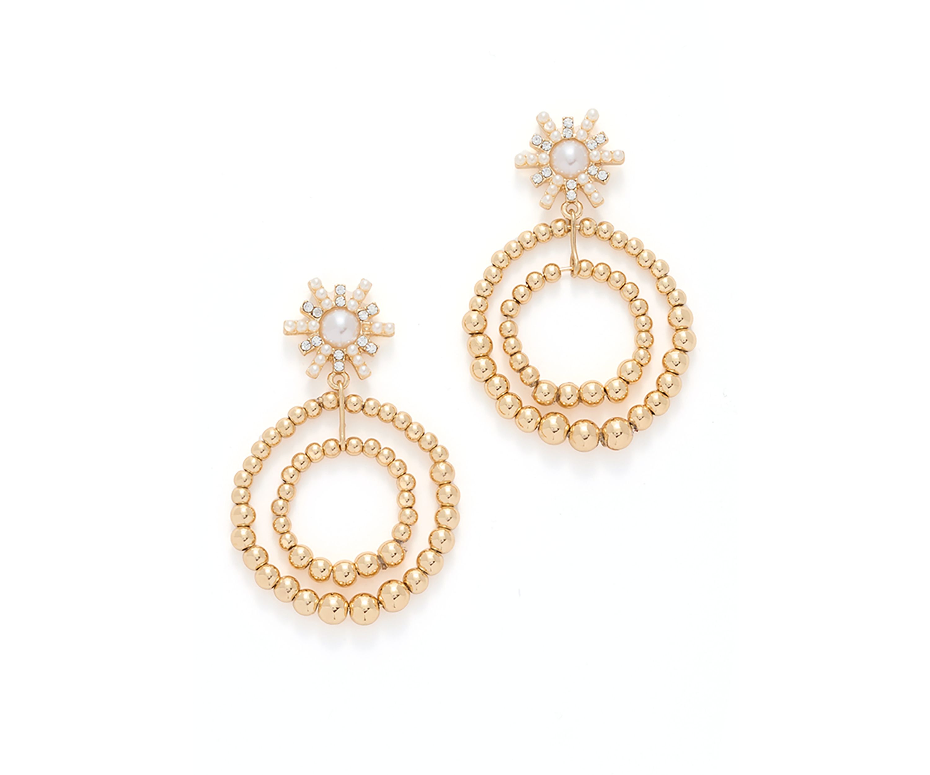 Gold Tone Starburst Pearl Orbital Drop Earrings