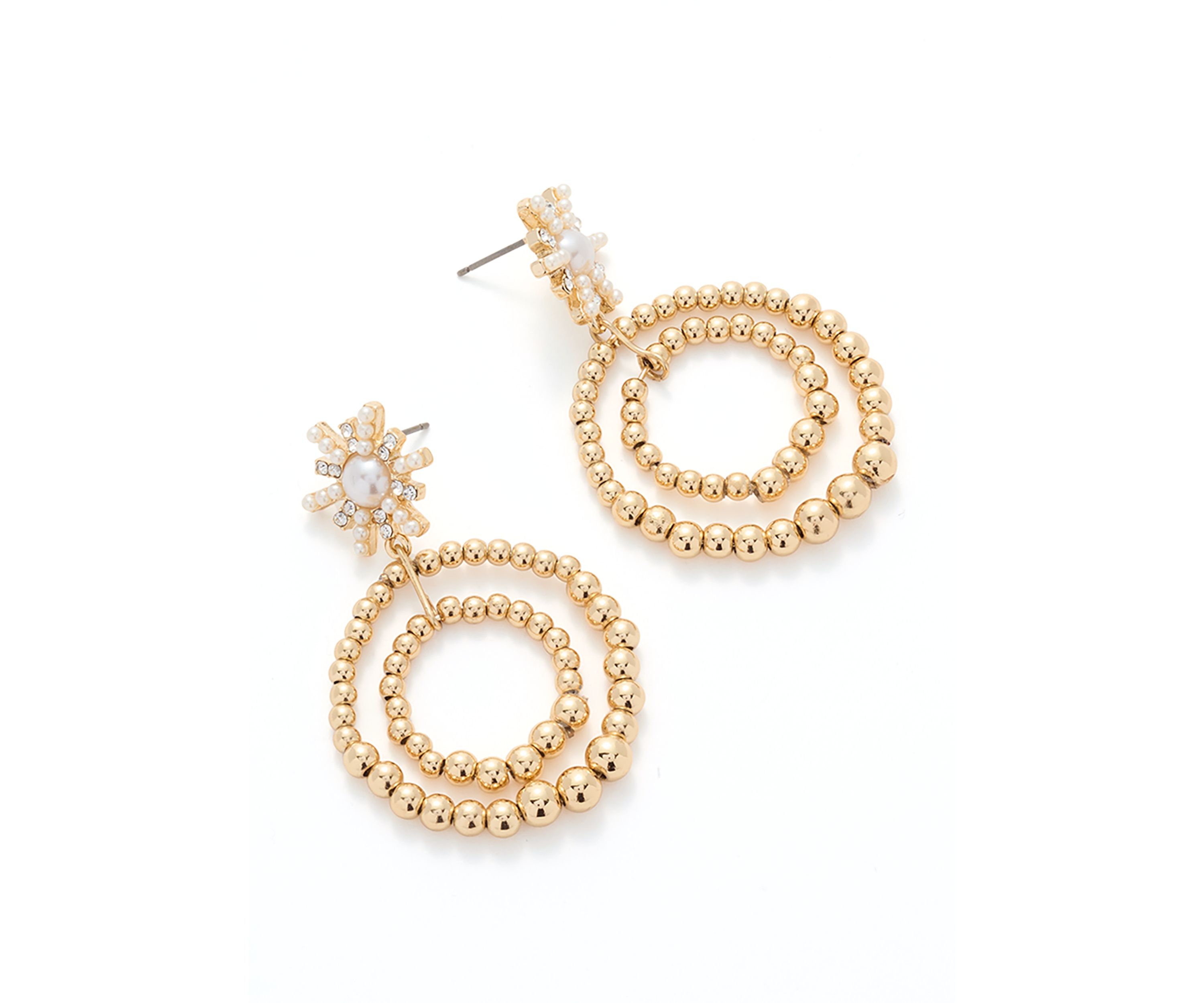 Gold Tone Starburst Pearl Orbital Drop Earrings