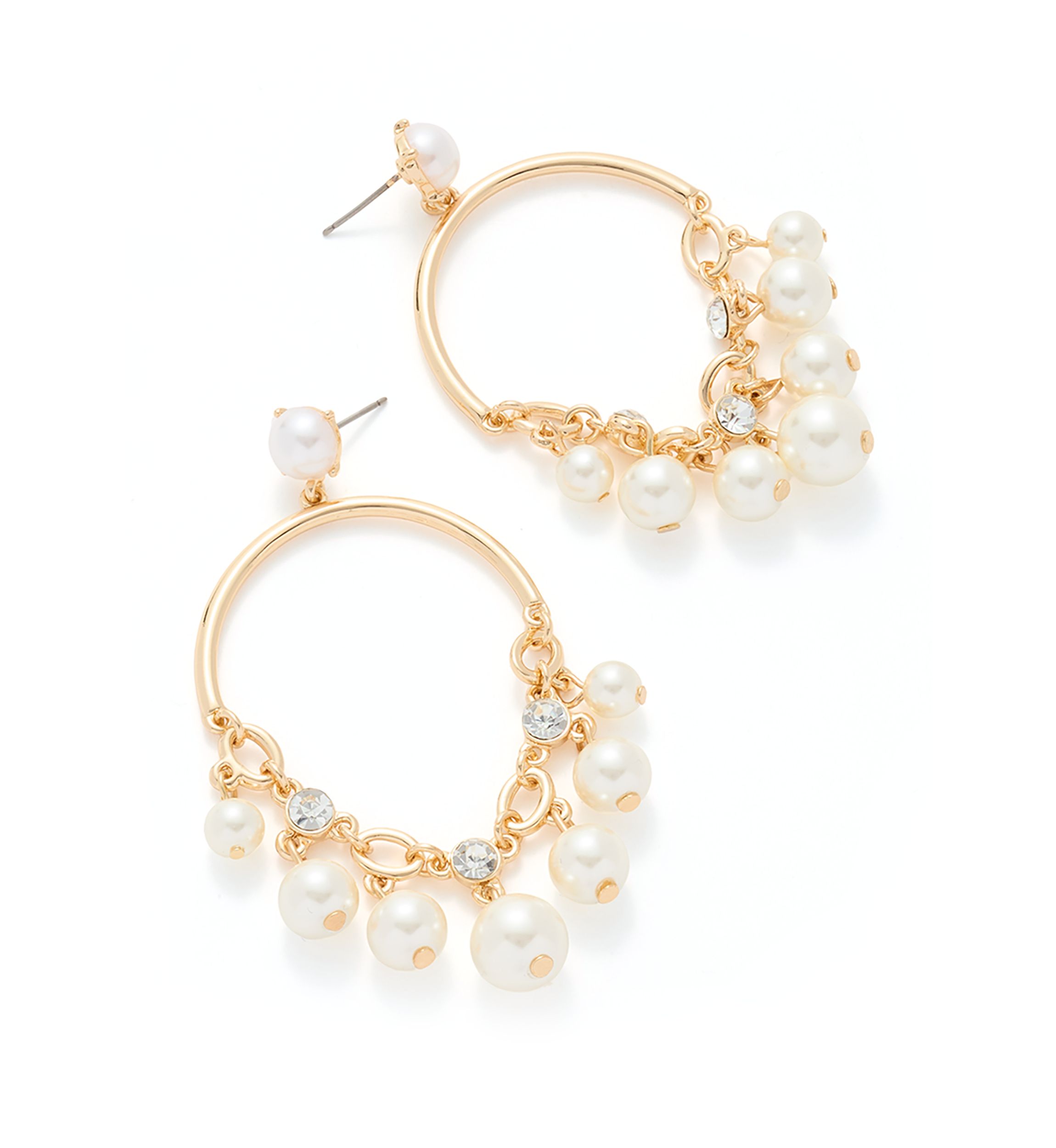 Gold Tone Pearl Shaky Drop Hoop Earrings