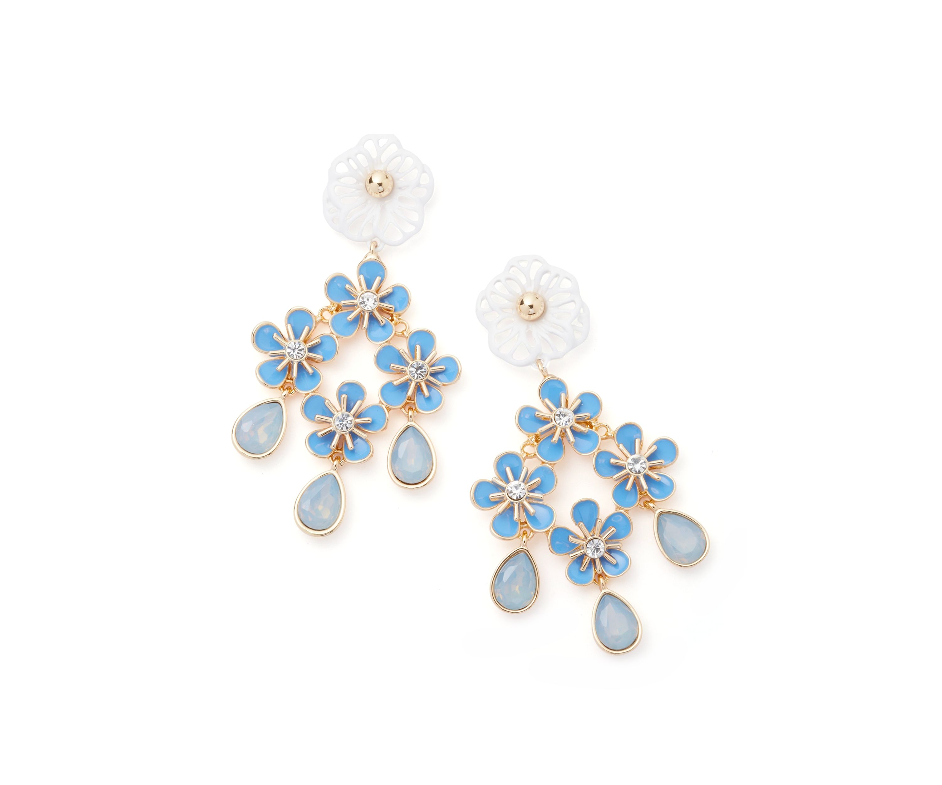 Gold Tone Blue Flower Chandelier Earrings