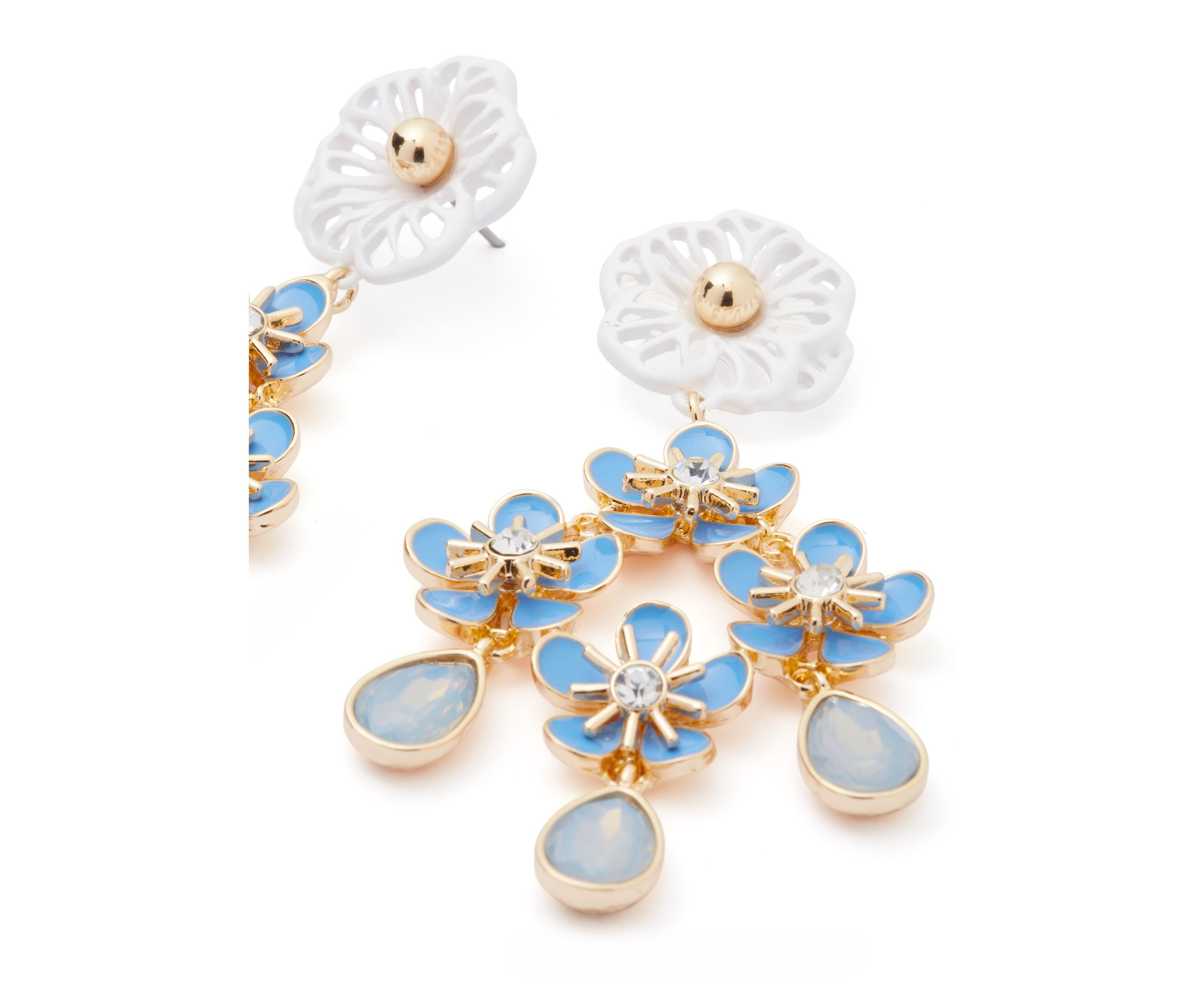 Gold Tone Blue Flower Chandelier Earrings