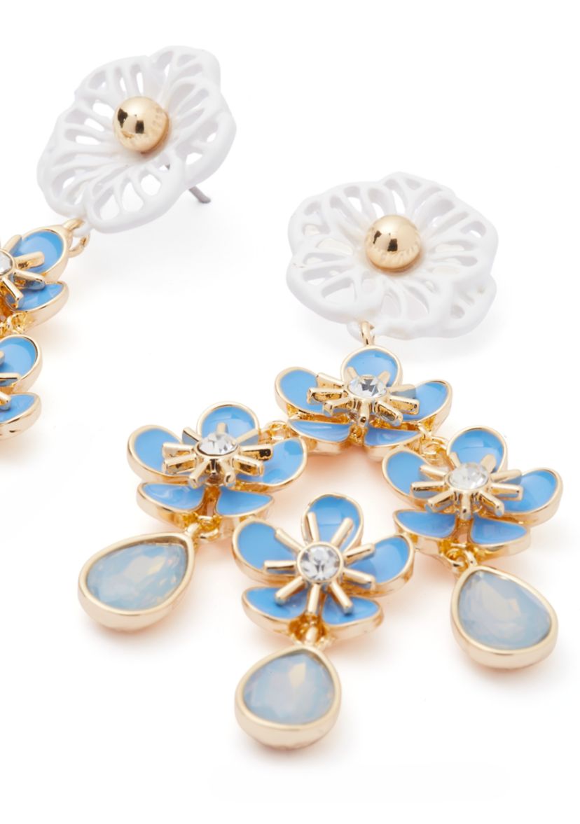 Gold Tone Blue Flower Chandelier Earrings