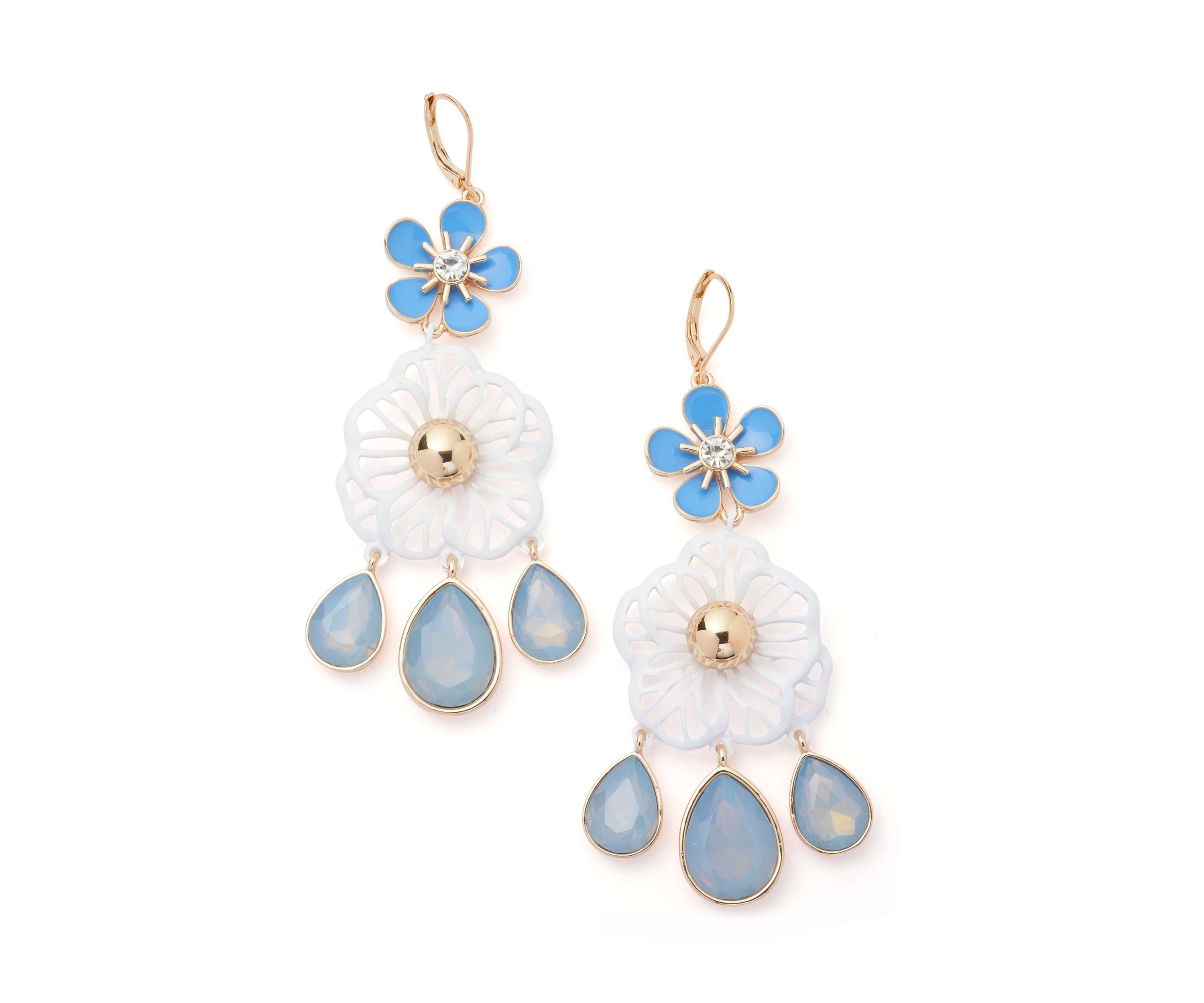 Gold Tone Blue Large Flower Double Drop Earrings
