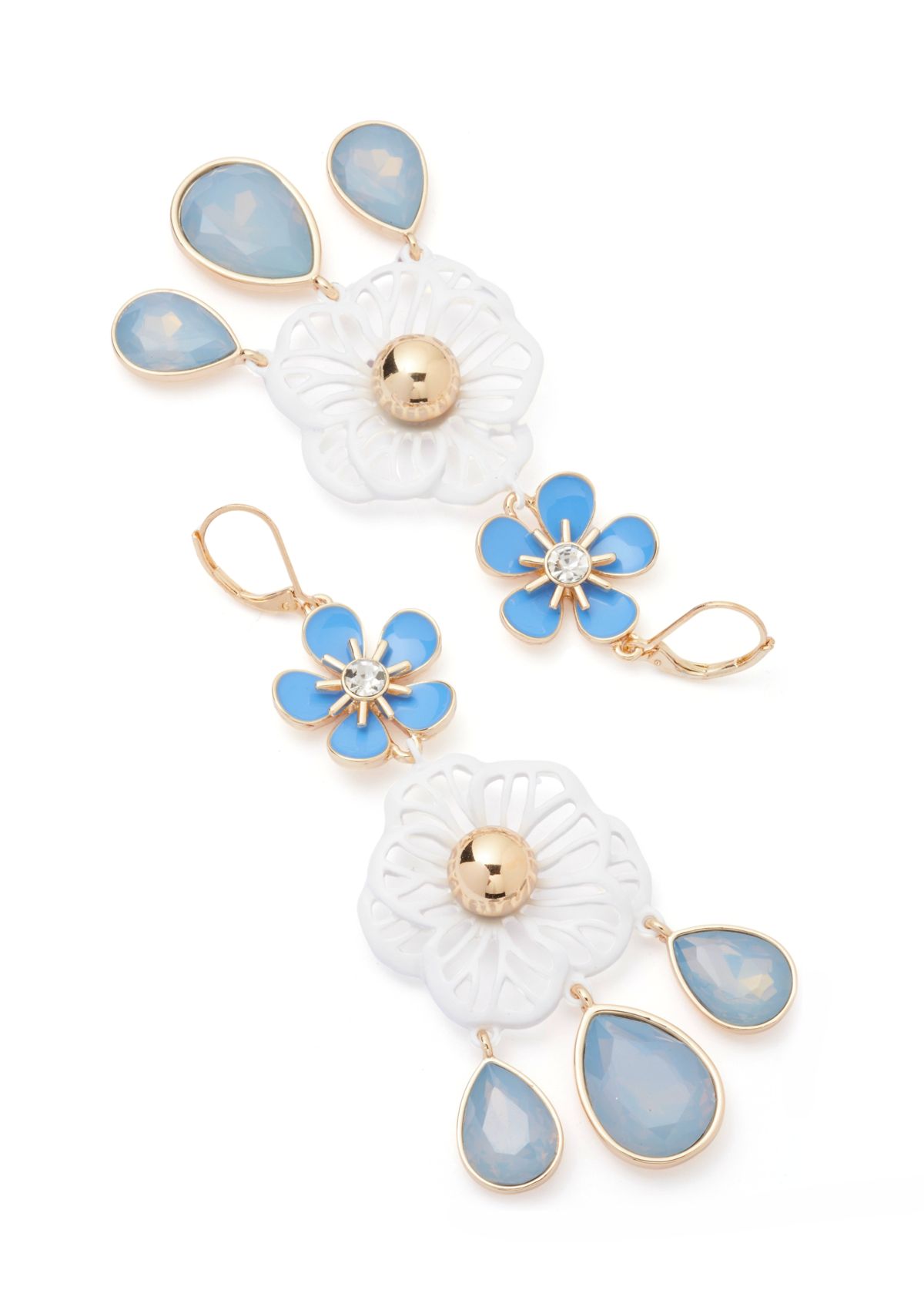 Gold Tone Blue Large Flower Double Drop Earrings