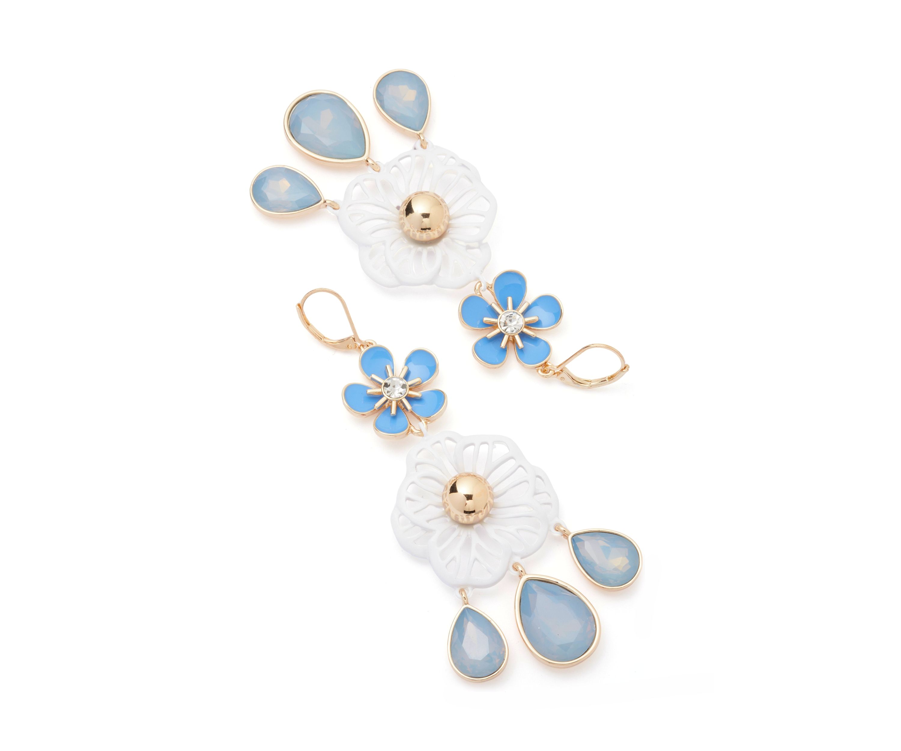 Gold Tone Blue Large Flower Double Drop Earrings
