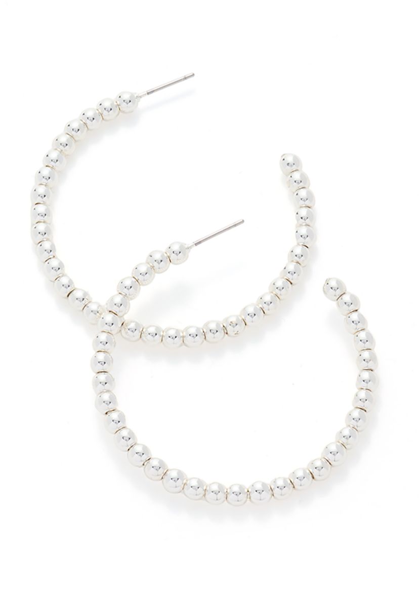 Silver Tone 50 Millimeter Bead C Hoop Earrings
