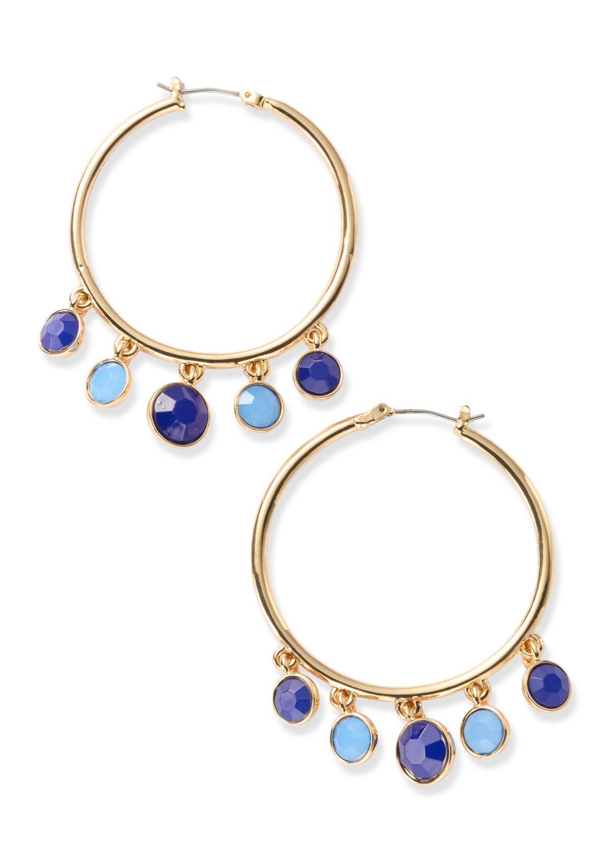 Gold Tone Blue Shaky C Hoop Earrings