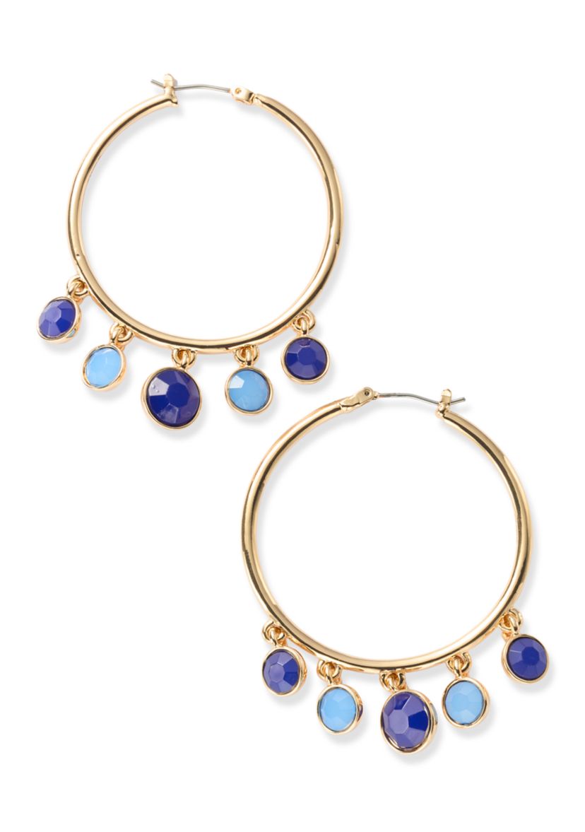 Gold Tone Blue Shaky C Hoop Earrings