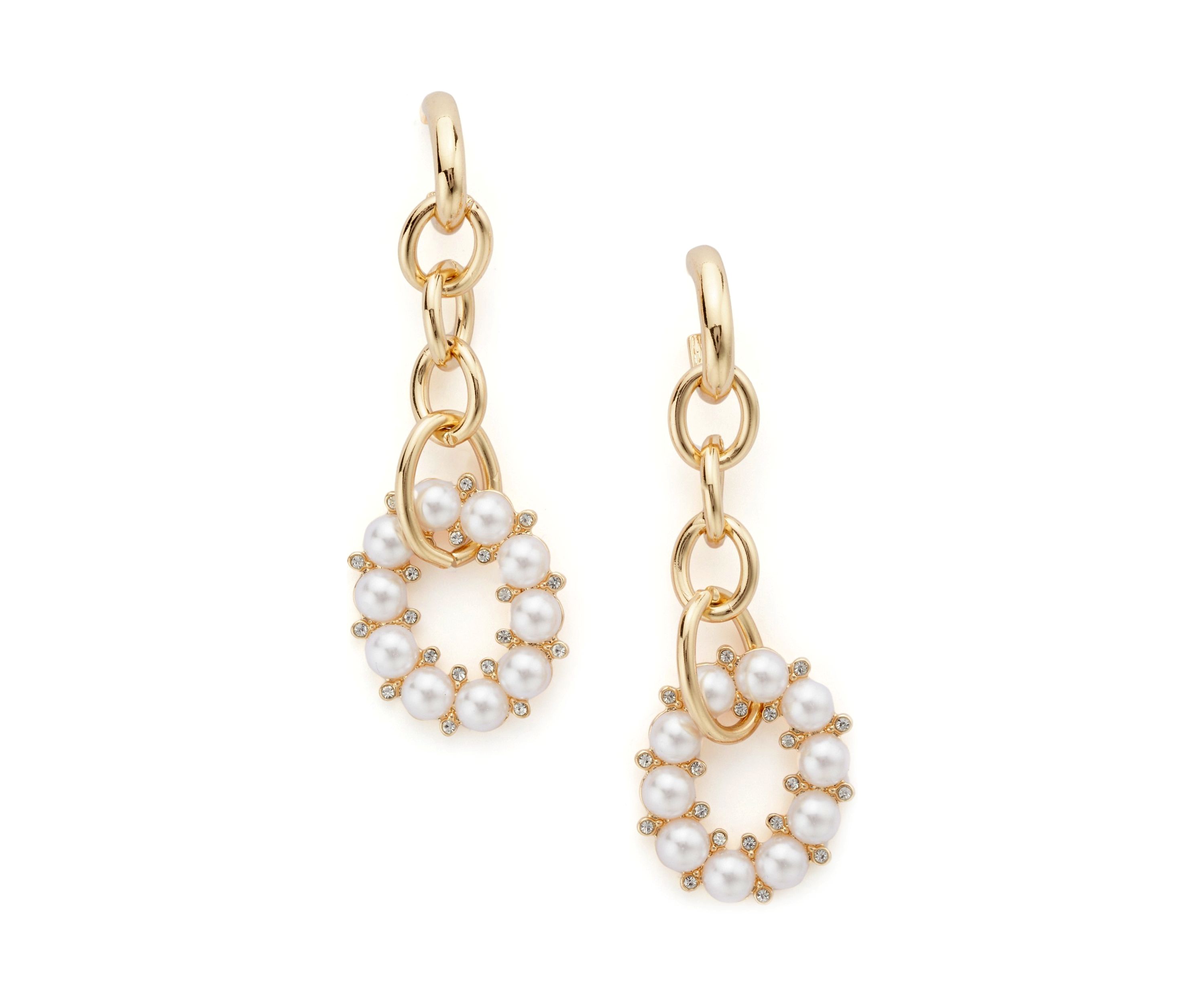 Gold Tone Chain and Round Pearl Linear Earrings