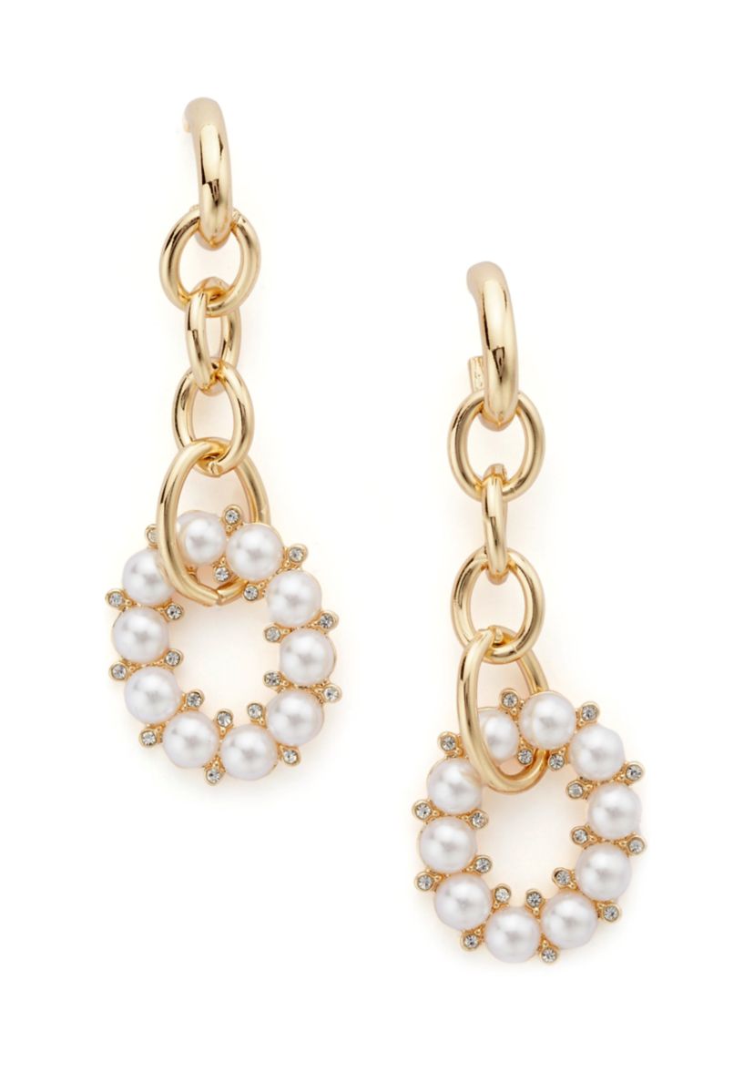 Gold Tone Chain and Round Pearl Linear Earrings