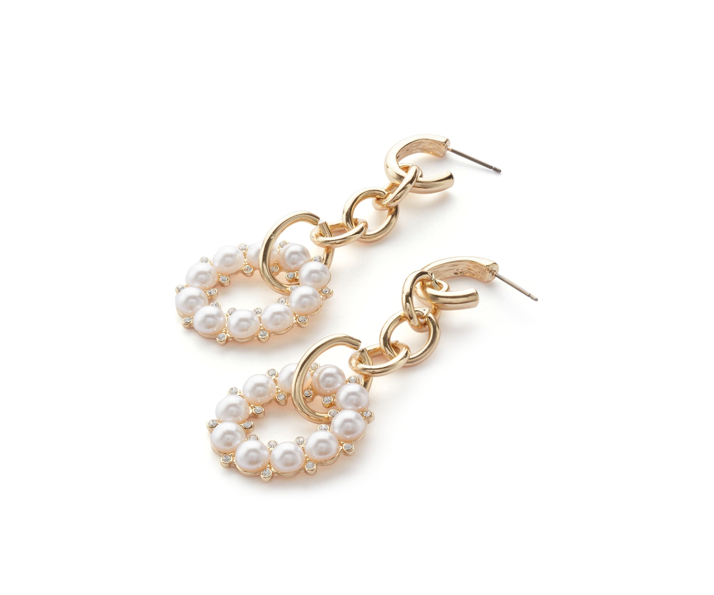 Gold Tone Chain and Round Pearl Linear Earrings