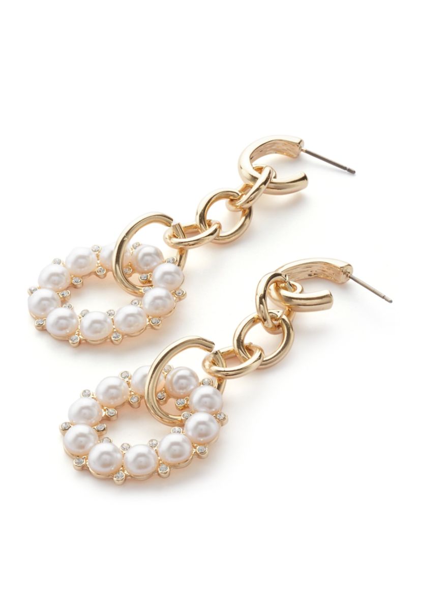 Gold Tone Chain and Round Pearl Linear Earrings