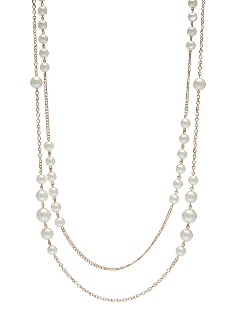 Gold Tone 42 Double Row Pearl Strand Necklace