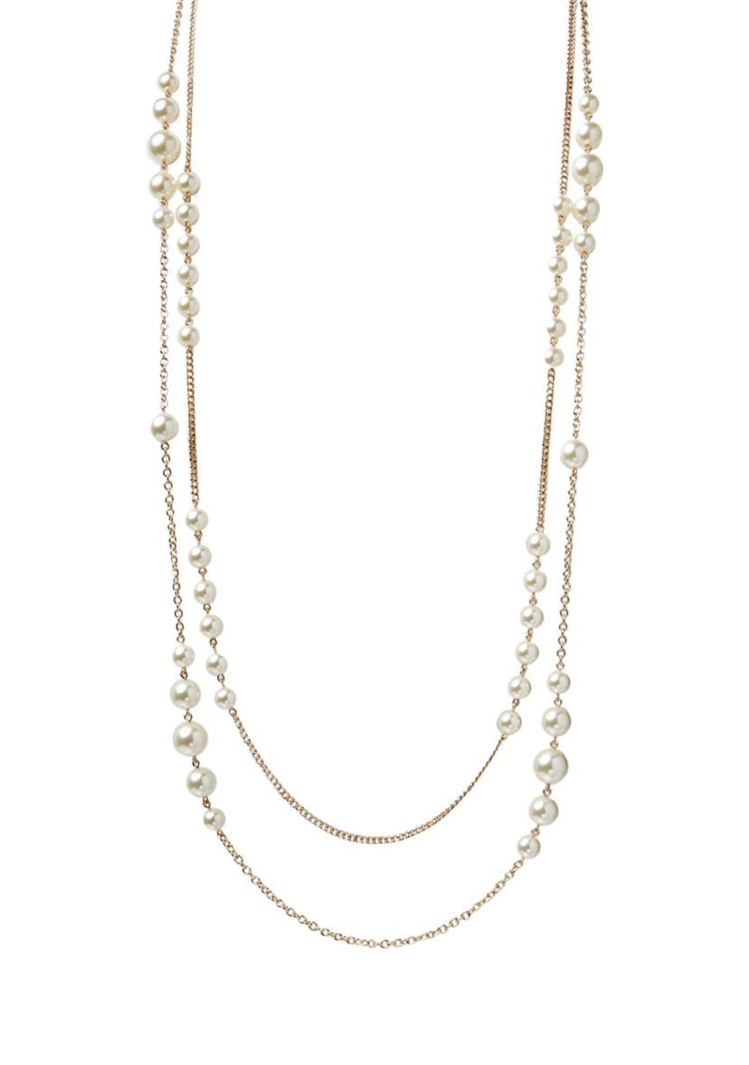 Gold Tone 42 Double Row Pearl Strand Necklace