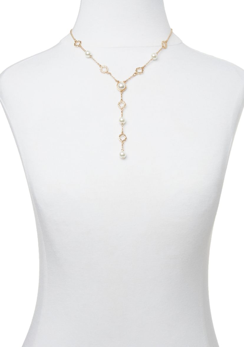 Gold Foil and Pearl Y Neck Necklace