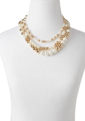 Gold Tone 16" Pearl Round Multirow Collar Necklace