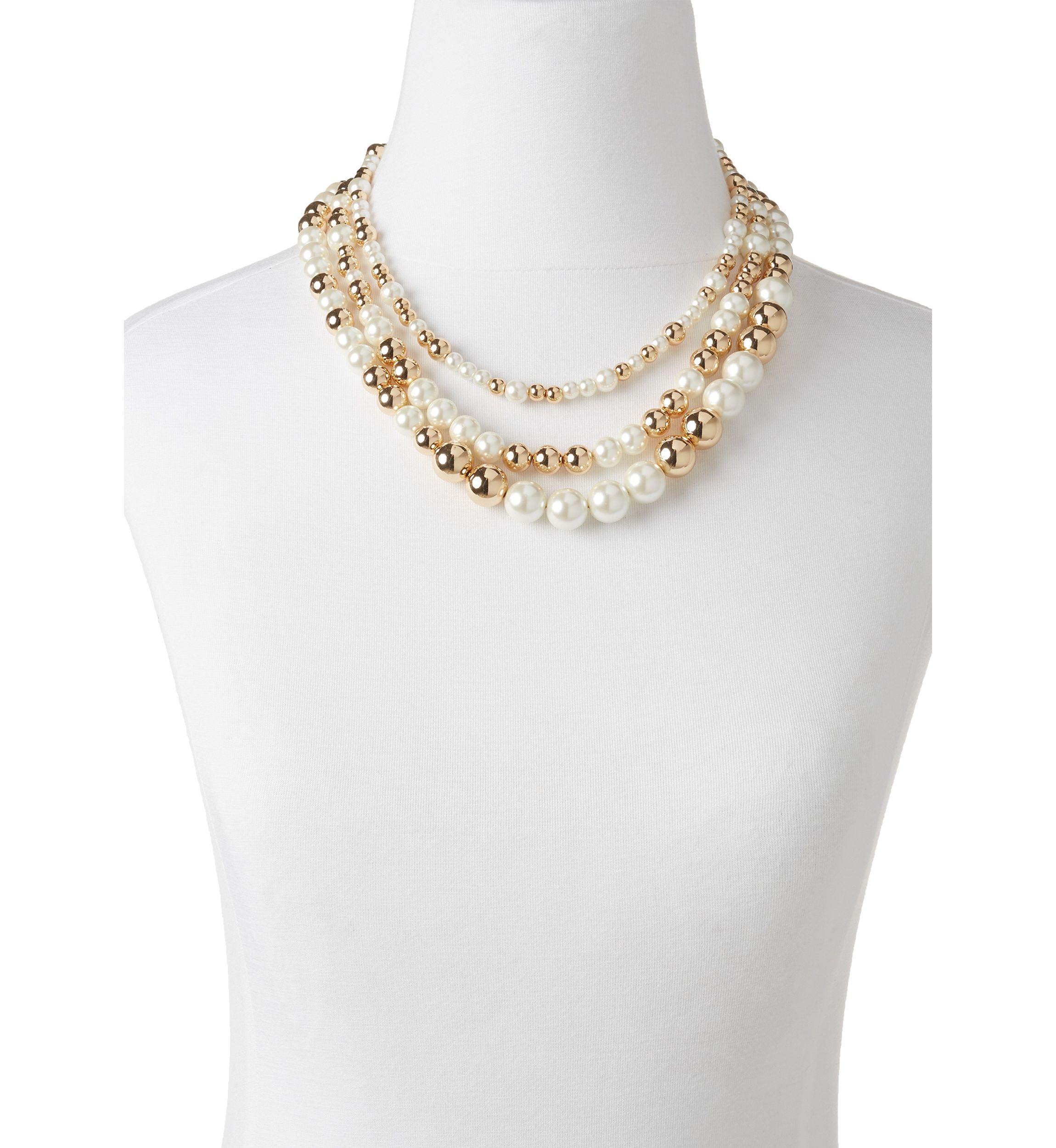 Gold Tone 16" Pearl Round Multirow Collar Necklace