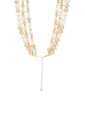 Gold Tone 16" Pearl Round Multirow Collar Necklace