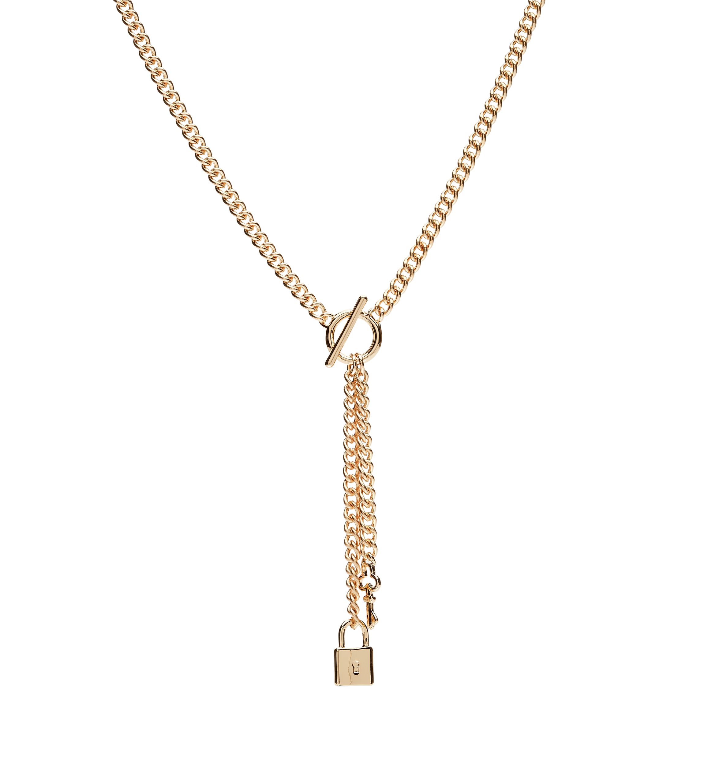 Gold Tone 16" 2 Row Lock and Key Pendant Necklace