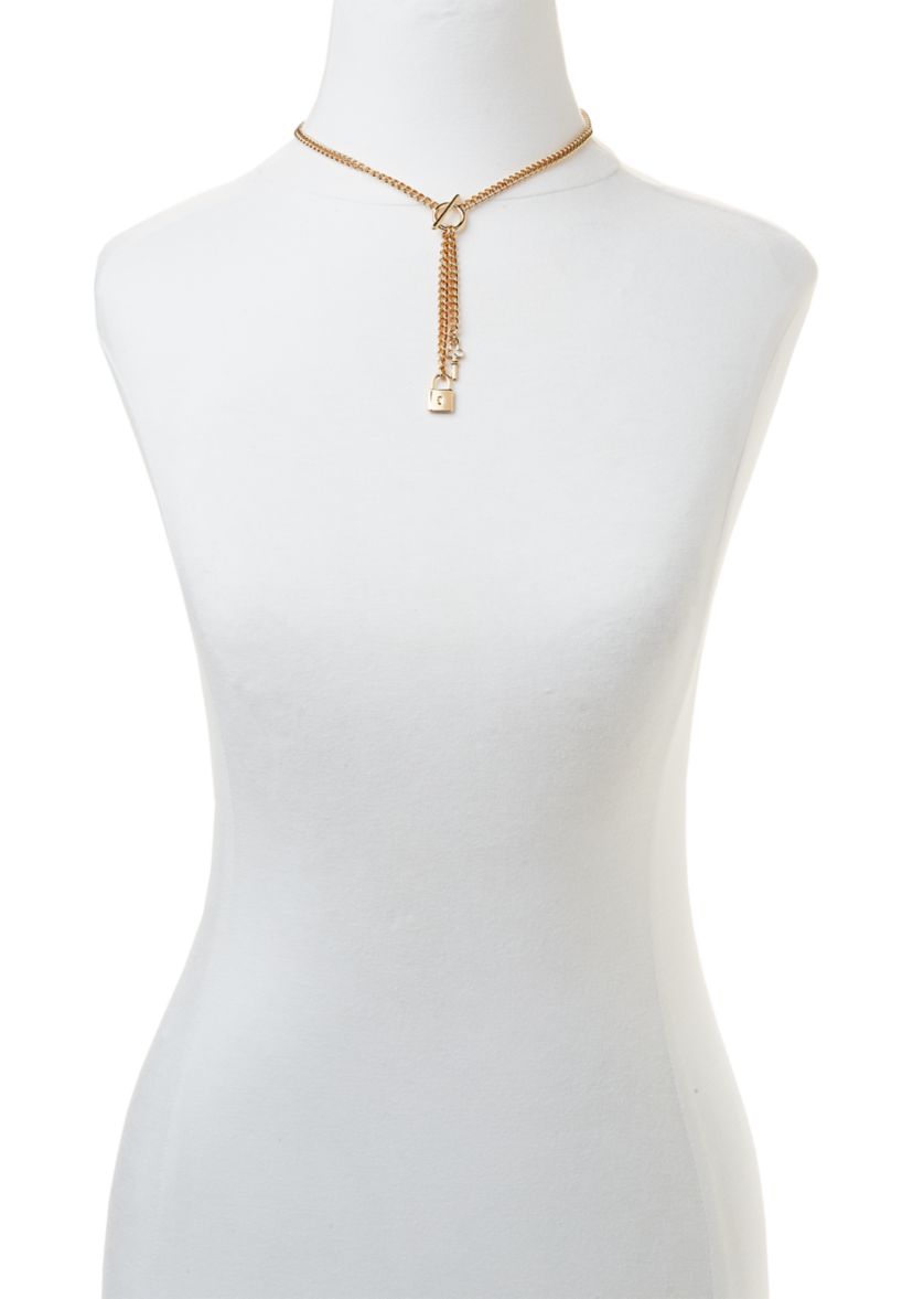 Gold Tone 16" 2 Row Lock and Key Pendant Necklace