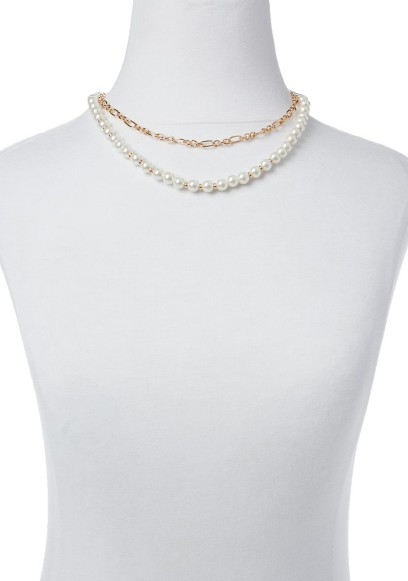 Gold Tone 16" Pearl Multirow Chain Necklace