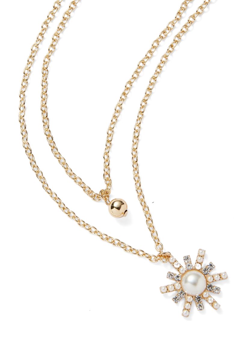 Gold Tone Starburst 2 Row Pendant Necklace